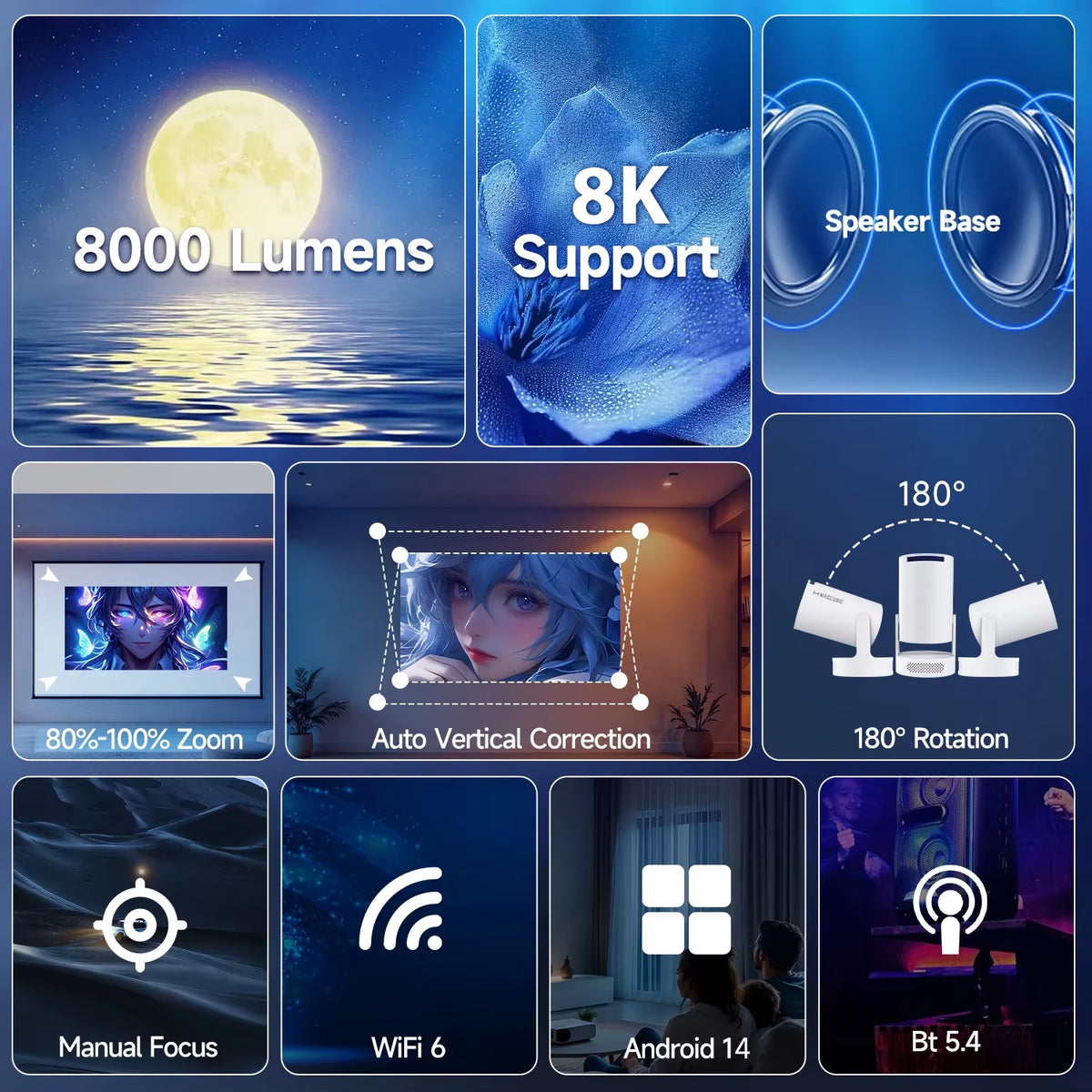 ZAVIO HY300 Pro 8K Android Projector - Dual WiFi 6, 290 ANSI Lumens, Allwinner H726, Bluetooth 5.4, 1080P, 1280x720P Home and Outdoor Cinema Projector