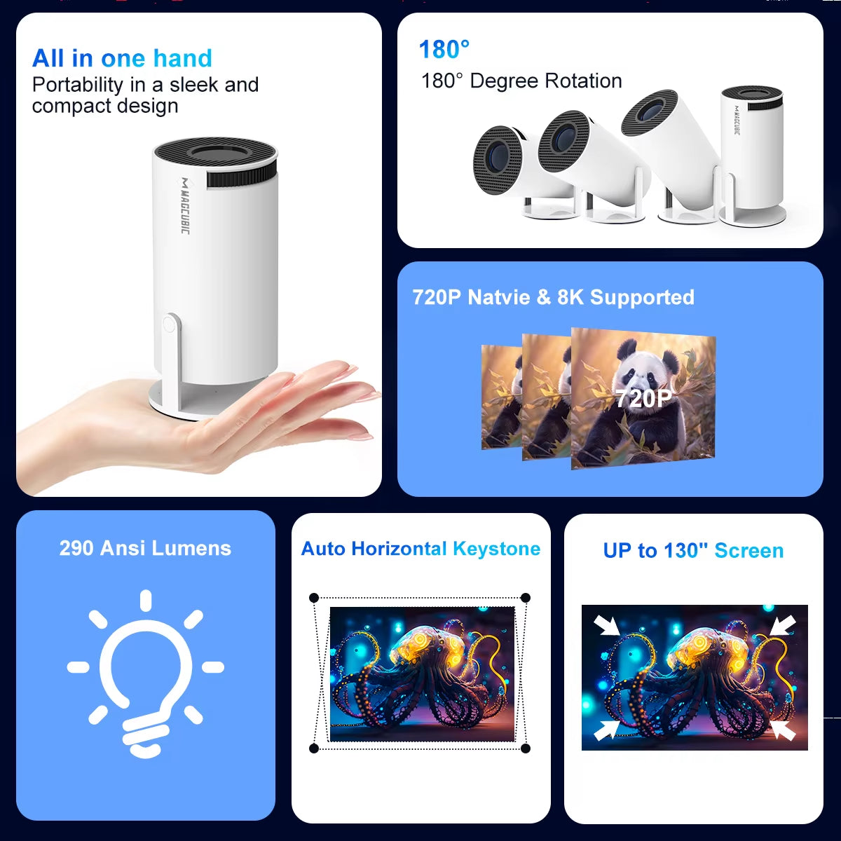 ZAVIO HY300 Pro 8K Android Projector - Dual WiFi 6, 290 ANSI Lumens, Allwinner H726, Bluetooth 5.4, 1080P, 1280x720P Home and Outdoor Cinema Projector